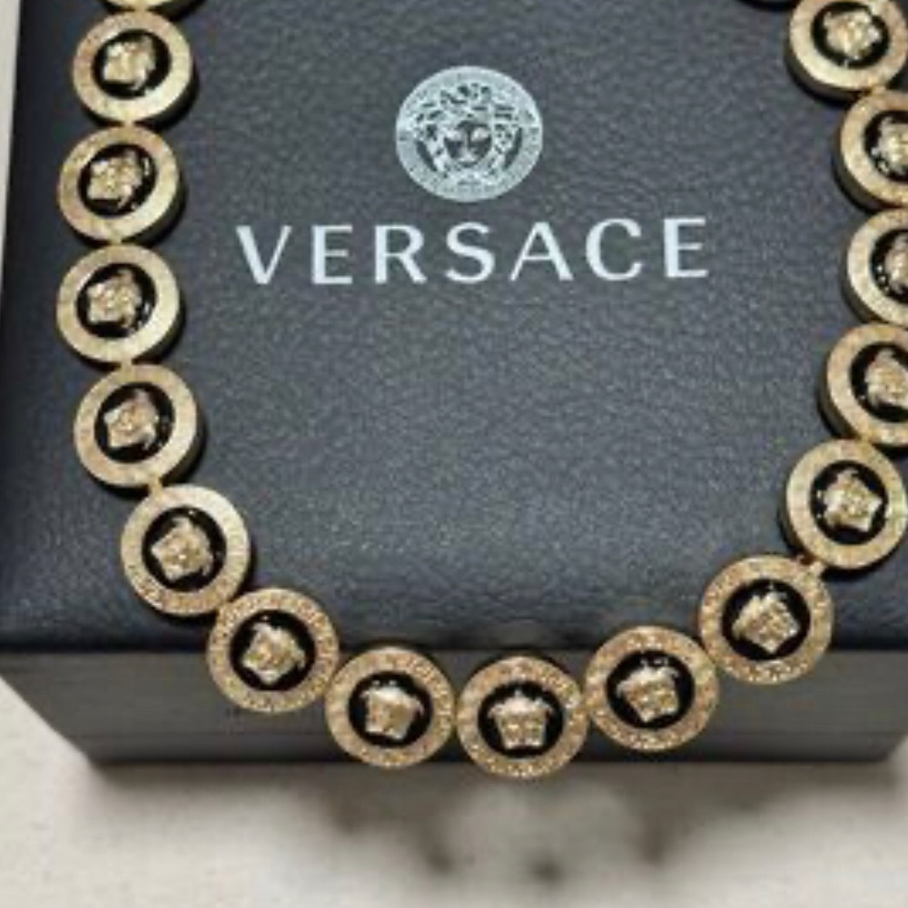 Versace necklace medallion choker gold black Medusa signature coin chain style